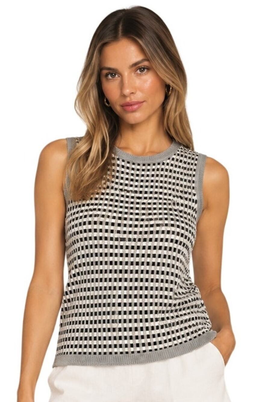Geoffrey Beene Black/Gray Geometric Knit Sleeveless Top EUC Size Small